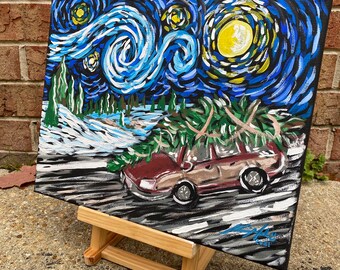 ORIGINAL Starry Griswold, Acrylic painting, Small Canvas, Mashup art, Canvas painting, Vacation, Car, Christmas