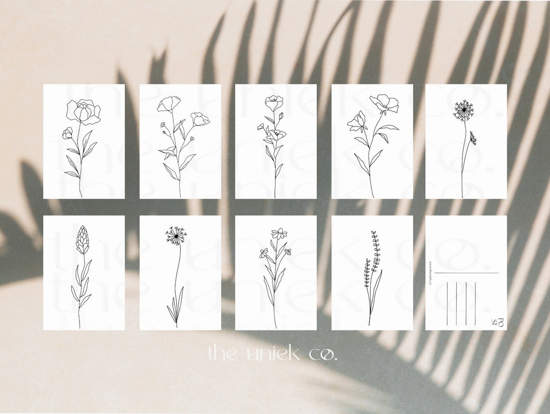 Botanical Postcards Minimalistic Postcard Set With Line Drawings of ...