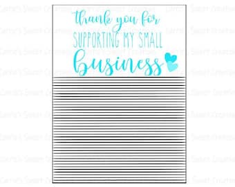 May include: A white card with black lines and blue hearts. The card says "Thank you for supporting my small business".