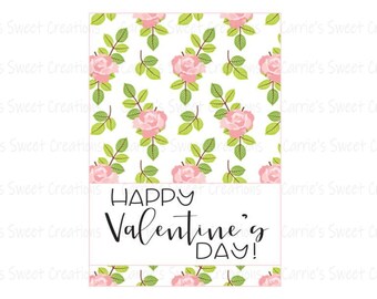 Happy Valentine's Day Cookie Card Printable 3.5”x5”, Pink Rose Valentine Card, Instant Digital Download