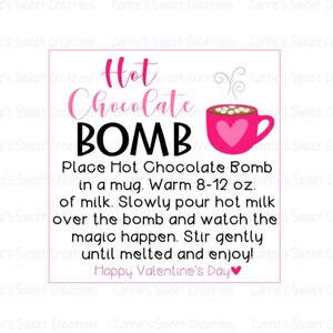 Hot Chocolate Bomb 2&quot; Valentine Tag, Printable Hot Cocoa Tags, Hot Chocolate Gift Tags, Valentine&#39;s Day Gift Tag, Instant Digital Download