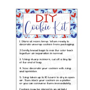 DIY Royal Icing Cookie Kit afdrukbare kaart - instructies voor koekjeskaart - rood/wit/blauw Amerikaanse harten - directe digitale download