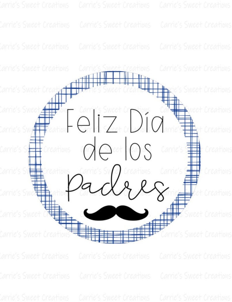 May include: A blue and white circle with a checkered pattern and the text "Feliz D&iacute;a de los Padres" in black. A black mustache is below the text.