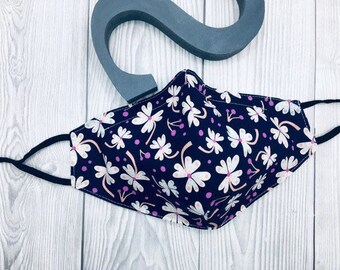 Stunning floral navy face covering,3 - ply with filter pocket,nose wire,adjustable ear loops,made in Slovakia