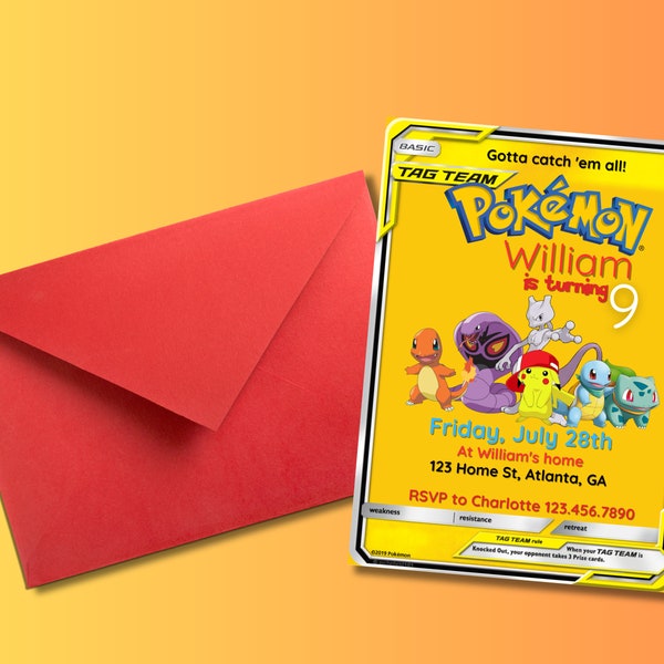 Pokemon Birthday Party Invitation for Boys & Girls, Customizable Birthday Card Invite, Pikachu, Gotta Catch 'Em All!