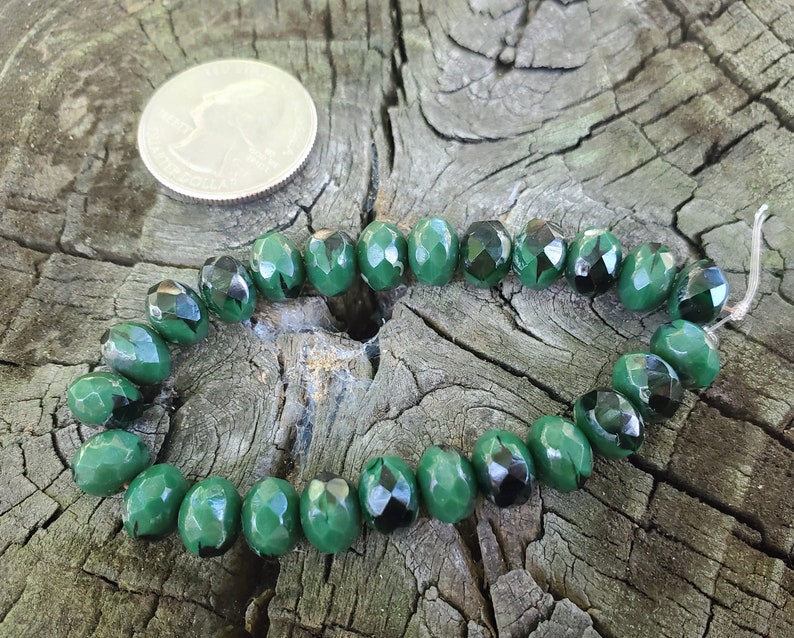 25 6 x 8mm Faceted Czech Glass Rondelles in Hunter Green with a Picasso Finish