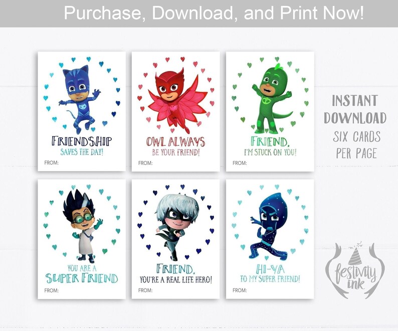 Kids Valentine Cards PJ Masks Super Heroes Valentines - Etsy