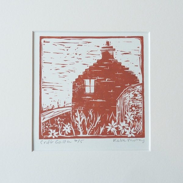 HIGHLAND CROFT - Scotland Cottage Linoprint - Scotland Linocut Art - Printmaker - Cottage Garden Linoprint