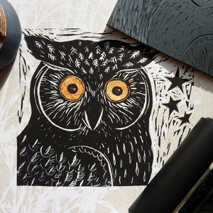 Owl Linoprint 'I Can See You' - Original Linocut - Handmade Linocut Owl