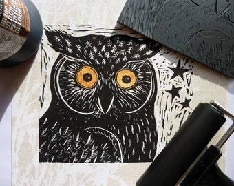 Owl Linoprint 'I Can See You' - Original Linocut - Handmade Linocut Owl