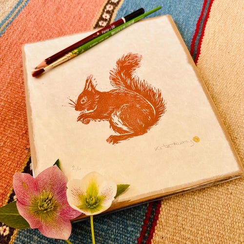Impression linogravure écureuil roux : oeuvre d'art écossaise faite à la main