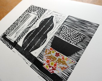 Linograbado japonés en cerámica - Artista de linograbado - Colección de jarrones y cuencos - Arte de grabado - Grabador del Reino Unido