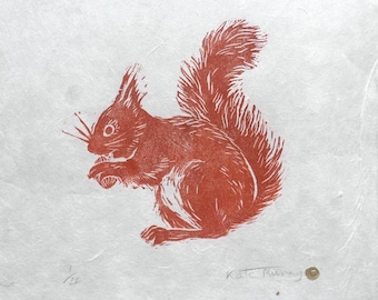 Red Squirrel Linocut Art Print: Handmade Scottish Washi Paper