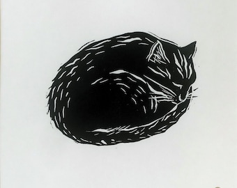 Cat Linoprint - Cat Linocut - Handmade and Original Black Cat Print - Handmade Art Scotland