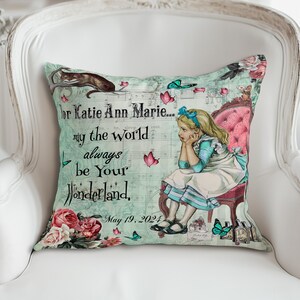 Custom Newborn Baby Gift – Shabby Chic Nursery Decor – Vintage Storybook Theme Baby Shower Keepsake Personalized Alice in Wonderland Pillow