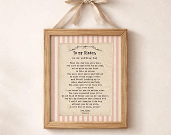 Sister of the Bride Gift, Personalized Wedding Handwritten Letter for Maid Of Honor, Vintage Stripe Wedding Print
