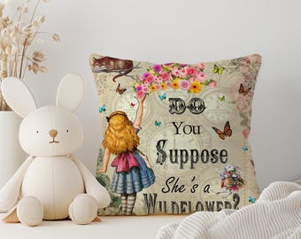 Alice in Wonderland Pillow: Vintage Floral Faux Suede Throw Pillow