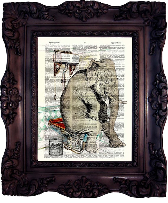 ELEPHANT Art Print Elephant on toilet Dictionary Page Washroom Etsy
