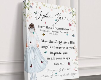 Girl in First Communion Dress Canvas | Religious Prayer Poem Wall Art