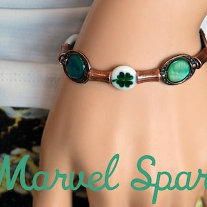 Shamrocks and Shells - Glass Millifiori Shamrocks & Mother of Pearl Flat Beads - Fluted Copper Spacers - March Spring Ireland Irish Aran Fun