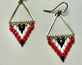 Georgia Bulldogs UGA Team Spirit Red, Black & White Beaded Triangle Gold Dangle Earrings - Game Day Earrings Go Dawgs!