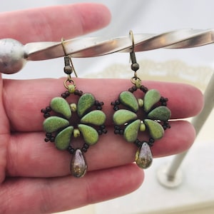 Earthy Green & Brown Flower Chandelier Dangle Earrings