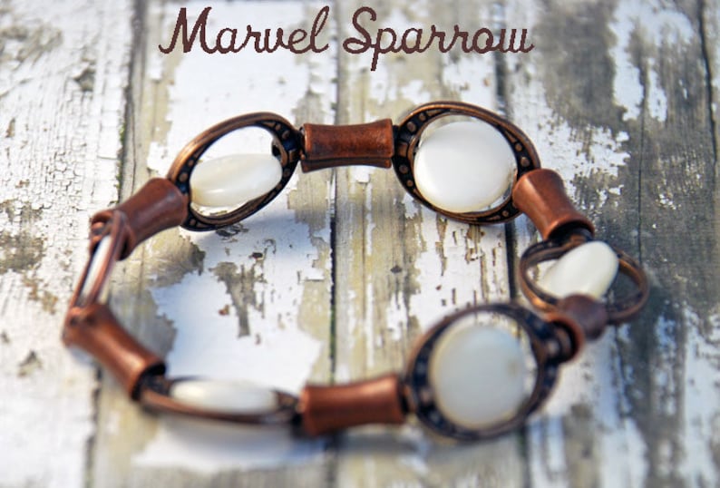White Mother of Pearl Shell Beads /& Copper Flute Tubes Stretch Bracelet Rust Antique Eggshell Wedding Snow Milk Beach Ocean Seashore Moon