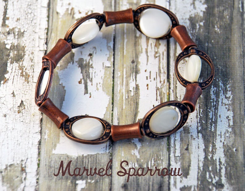 White Mother of Pearl Shell Beads /& Copper Flute Tubes Stretch Bracelet Rust Antique Eggshell Wedding Snow Milk Beach Ocean Seashore Moon