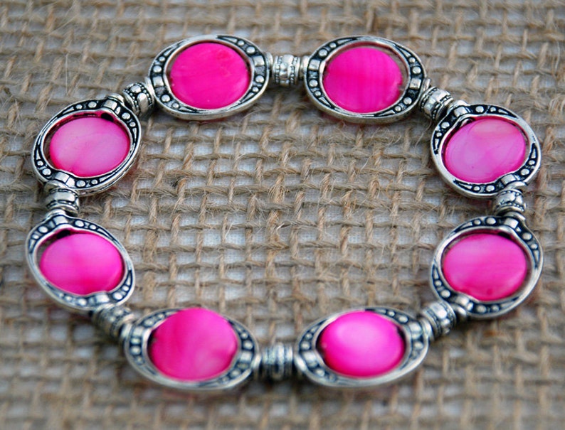 Silver and Pink Shell Stretch Bracelet, mother of pearl coin beads, silver dipped plated rings, breast cancer, feminine stocking stuffer image 3