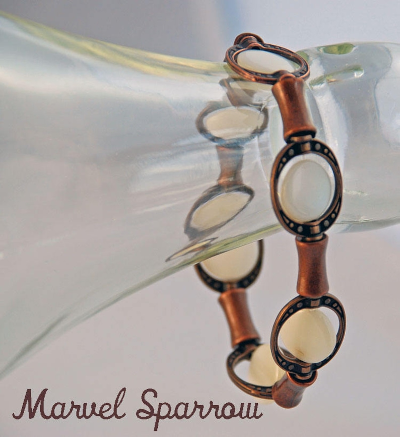 White Mother of Pearl Shell Beads /& Copper Flute Tubes Stretch Bracelet Rust Antique Eggshell Wedding Snow Milk Beach Ocean Seashore Moon