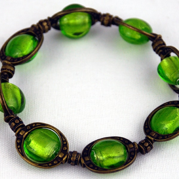 Forest Bracelet: Verdant Green Silver Foil Glass Beads inside Antique Gold Plated Rings. Think Shamrocks, Mossy Trees, Limes, & Lemongrass.