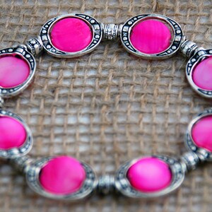 Silver and Pink Shell Stretch Bracelet, mother of pearl coin beads, silver dipped plated rings, breast cancer, feminine stocking stuffer image 2