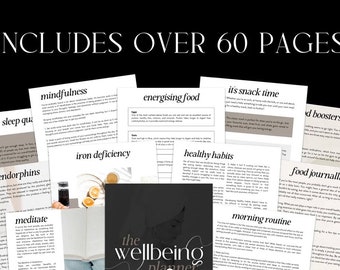 May include: A black and white image of a wellness planner with the text "the wellbeing planner" on the cover. The planner includes over 60 pages with topics such as mindfulness, energizing food, healthy habits, and food journaling.