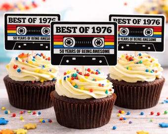 1976 Cassette Tape Cupcake Toppers | 50th Birthday Party Decor