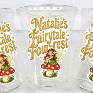 Fairytale Four-Est Birthday, Fairy 4th Birthday Party Cups, Glitter Fairy Mushroom Design, Personalized Kids Birthday Cups