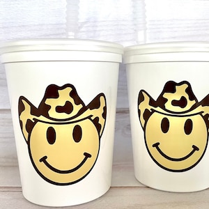 Cowboy Birthday, First Rodeo Birthday, Cowboy Smile Face, Cowboy party favor, Stadium cups, Cow print, Cow print hat