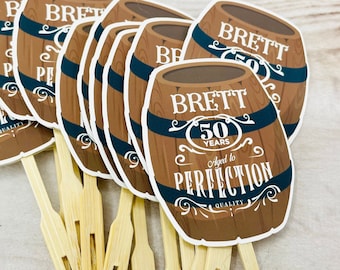 Whiskey Barrel 50th Birthday Cupcake Toppers - Aged to Perfection