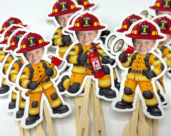 Personalized Firefighter Cupcake Toppers, Photo Fireman Birthday Decorations, Custom Firefighter Party Supplies, Fire Truck Birthday Decor