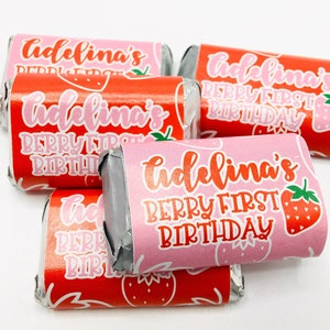 Berry First Birthday Candy Bar Stickers, Personalized Strawberry Birthday Party Favors, Custom Name Candy Wrappers, 1st Birthday Treats