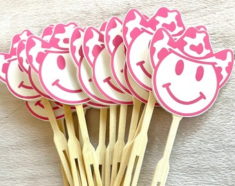 Cow Print Hat Smiley Face Cupcake Toppers, Disco Cowboy Smiley Cow Print, Cowgirl Bachelorette, Rodeo Party, Cowgirl Cupcake Toppers