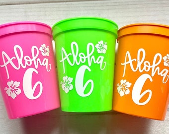 Personalized Aloha Birthday Cups, Luau Party Favors