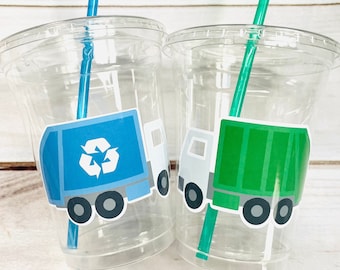 Garbage Truck  Cups - Disposable Trash Truck Cups, Trash Truck Party Decorations Happy Birthday Garbage Birthday Decorations
