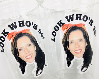 Custom Face 50th Birthday Party Cups, Personalized Photo Keepsake