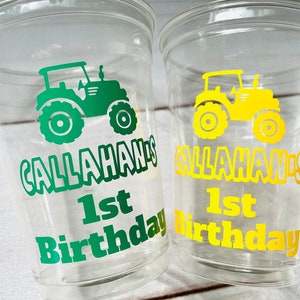 Tractor Party Cups - personalized cups, green tractor first birthday decorations, tractor baby shower, tractor party favors, happy birthday