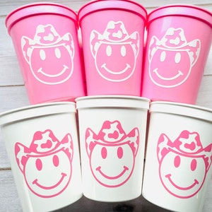 Cowgirl Party Cups - Cowgirl bachelorette party, Cowgirl smile face, Cowgirl party favors, Stadium cups, Cow print, Cow print hat