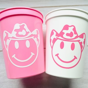 Cowgirl Party Cups - Cowgirl bachelorette party, Cowgirl smile face, Cowgirl party favors, Stadium cups, Cow print, Cow print hat