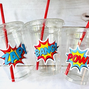 20 Batman Party Cups 12oz clear disposable plastic cups with lids and straws Superhero Birthday Baby Shower