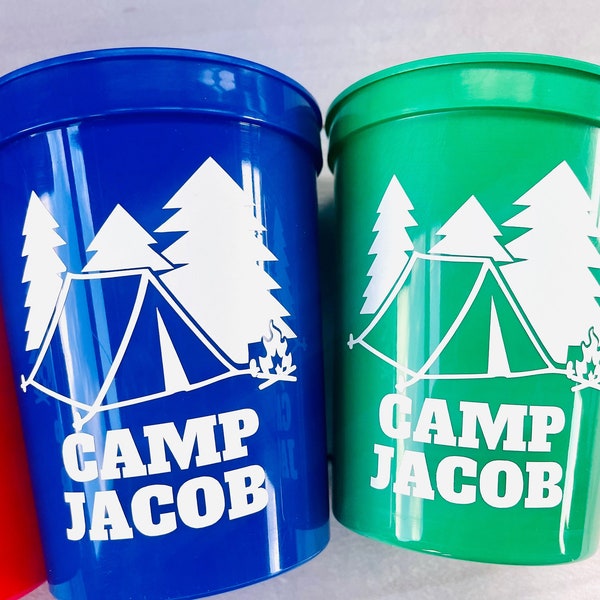 Camping Birthday, Personalized Camping party cups, camping birthday cups, camping birthday favors, camping party favors, camping favors