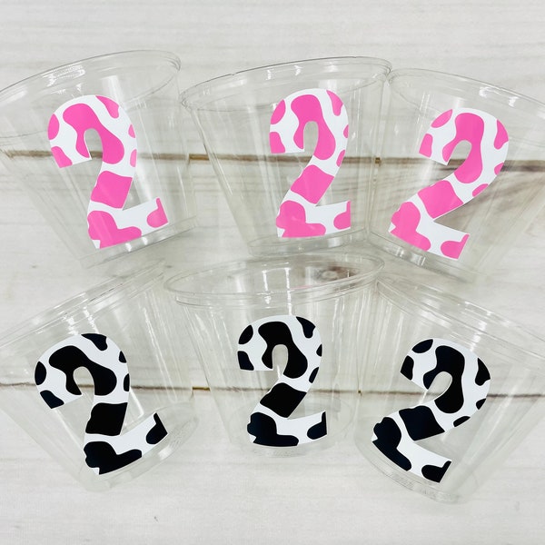 Pink Cowgirl Party,  Small Cow Print Cups,  Barnyard Birthday Girl, Farm Party Cups, Pink Cowgirl Cups, Cow print Age Cups