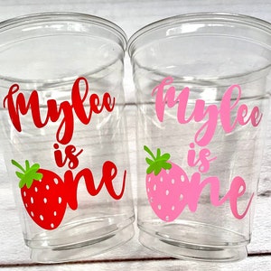 Strawberry Birthday Party Cups - Personalized berry first birthday girl, strawberry party decorations, strawberry party favors
